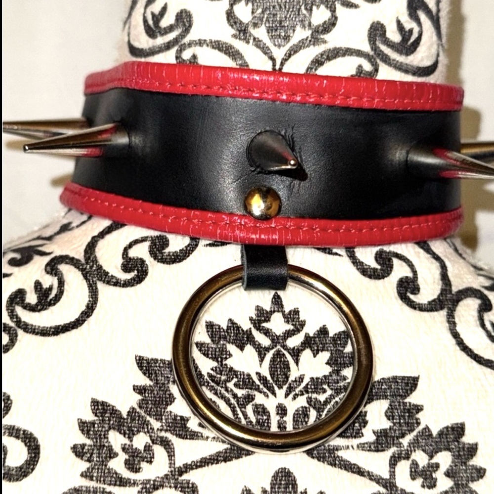 Black and Red Faux Leather Choker with 1-inch Metal Spike Studs and O-Ring